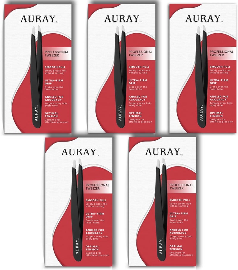 AURAY Eyebrow Tweezers Women Facial Hair, Stainless Steel Facial Hair Removal Precision Tweezer for Men & Women in Black, Slanted Tip Eyebrow Plucker for Easy Plucking, Professional Tweezers by (5) - Image 1
